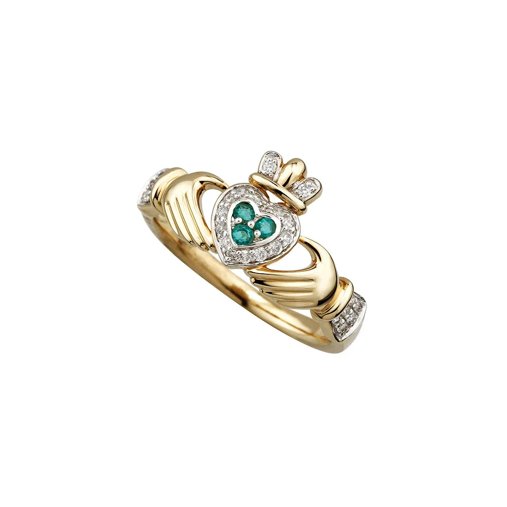 14k Gold Diamond & Emerald Set Claddagh Ring