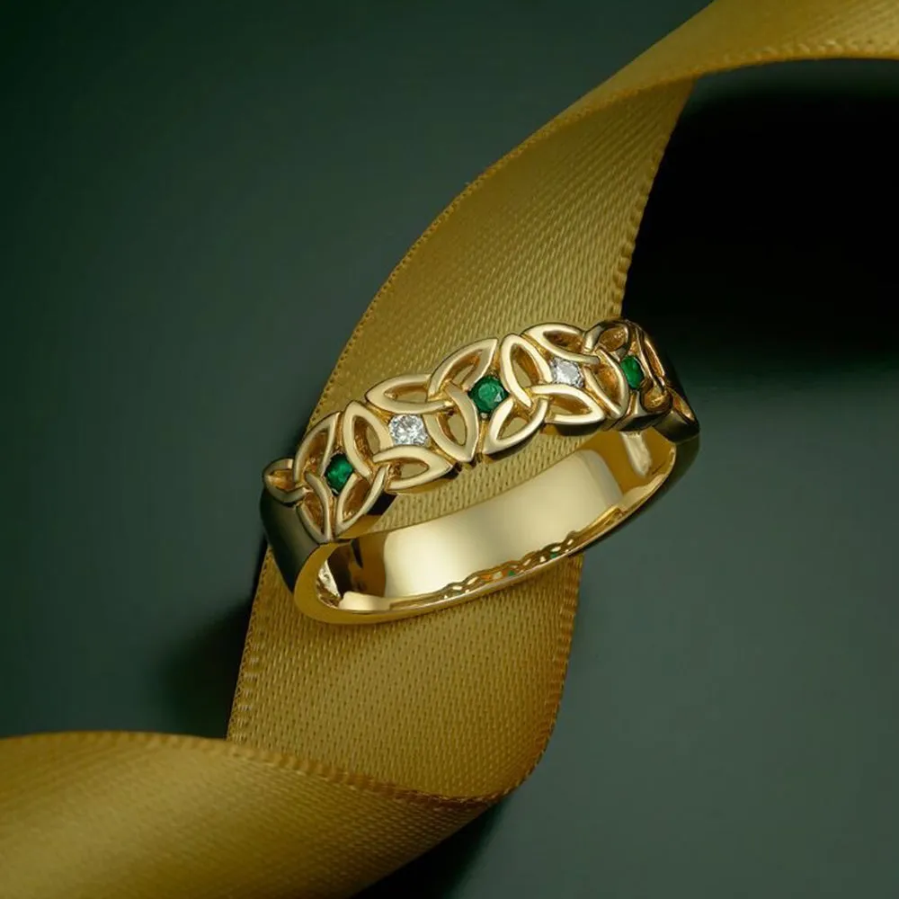 14k Gold Diamond & Emerald Trinity Knot Ring