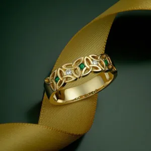 14k Gold Diamond & Emerald Trinity Knot Ring