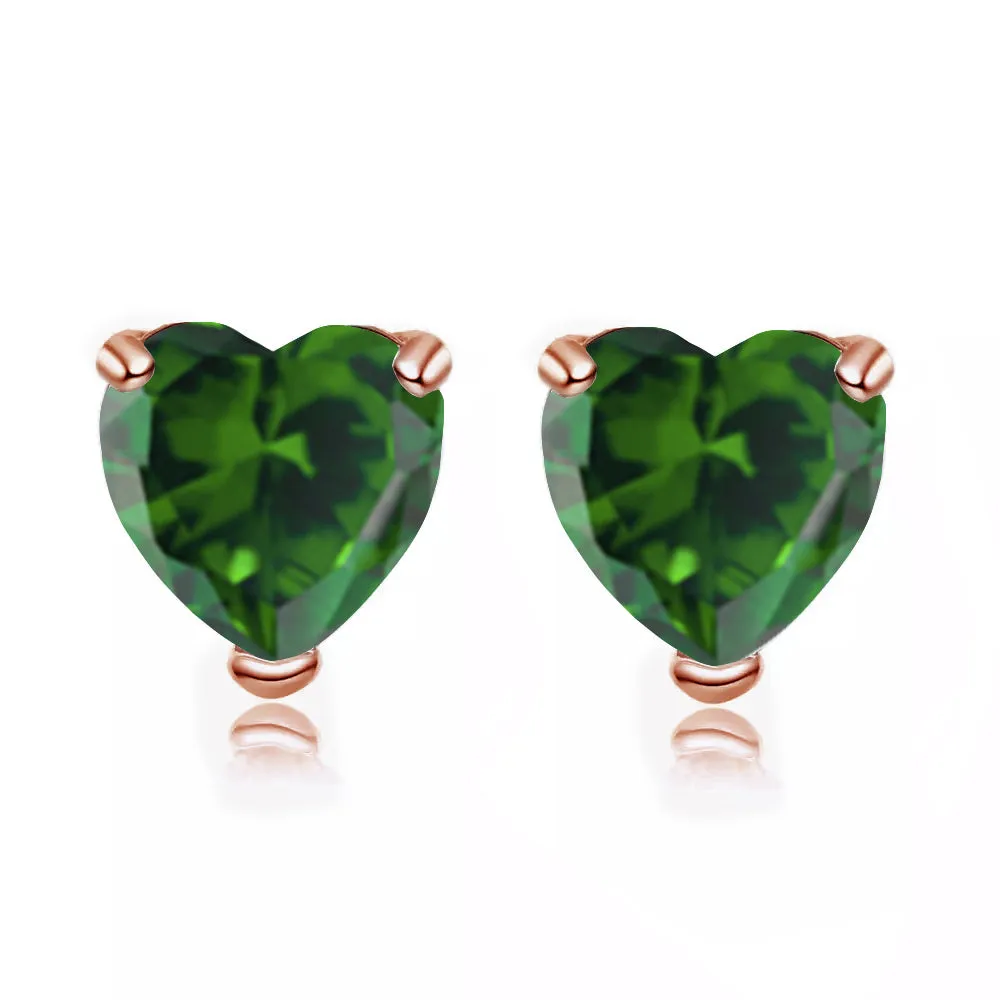 14k Rose Gold Plated 1 Carat Heart Created Emerald Stud Earrings