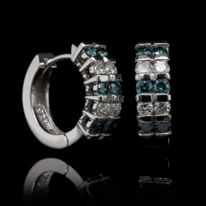14K White Gold Estate Blue Color Treated Diamond Hoops