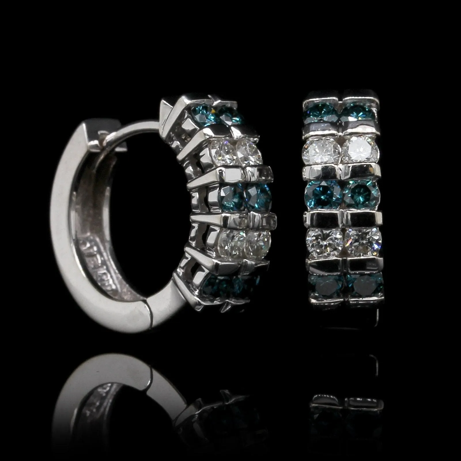 14K White Gold Estate Blue Color Treated Diamond Hoops