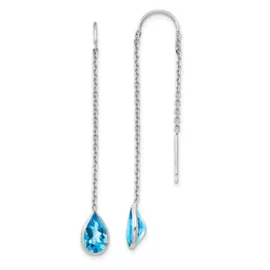 14k White Gold Genuine Blue Topaz Pear Bezel Threader Earrings