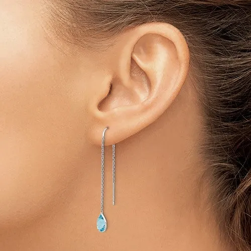 14k White Gold Genuine Blue Topaz Pear Bezel Threader Earrings