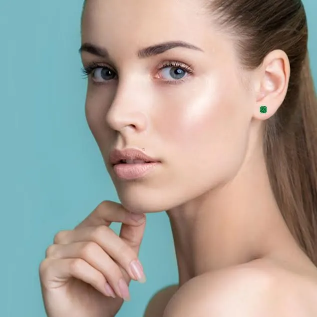 14k White Gold Plated Created Emerald Princess Cut Stud Earrings 6mm