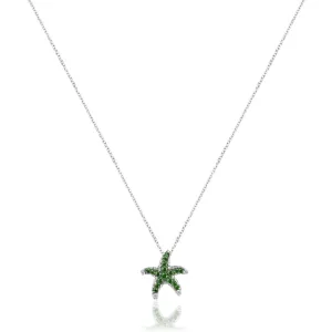 14K White gold star fish necklace with diamonds and green tsavorite