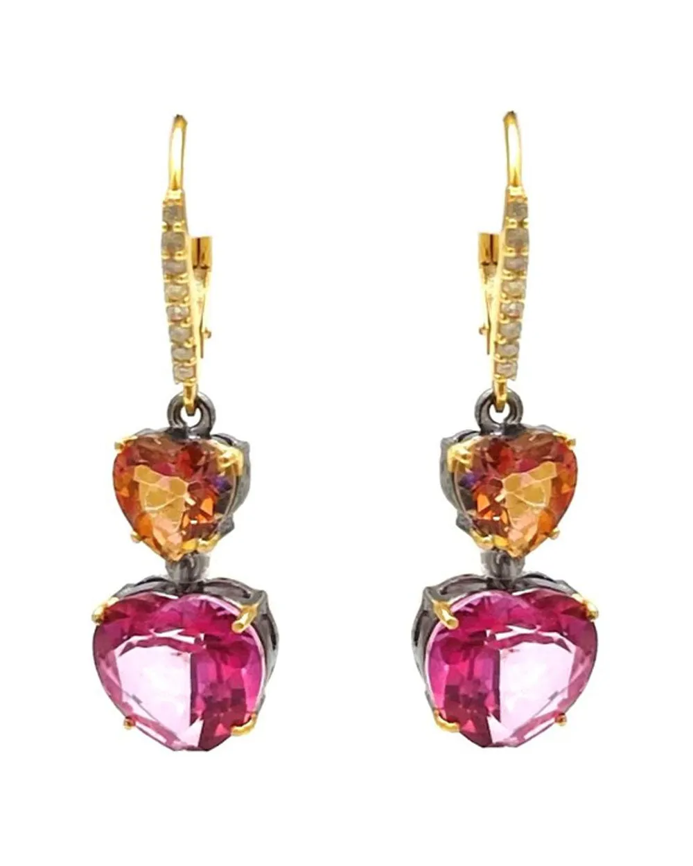 14k Yellow Gold and Silver Diamond Top Heart Earrings