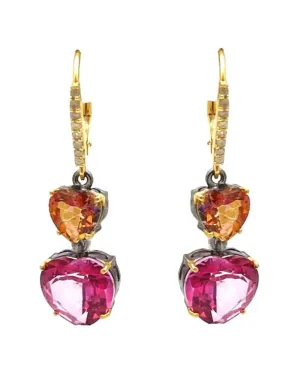14k Yellow Gold and Silver Diamond Top Heart Earrings