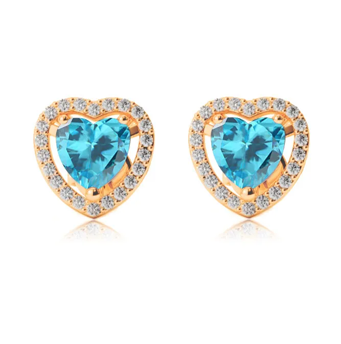 14k Yellow Gold Plated 3 Ct Created Halo Heart Blue Topaz Stud Earrings