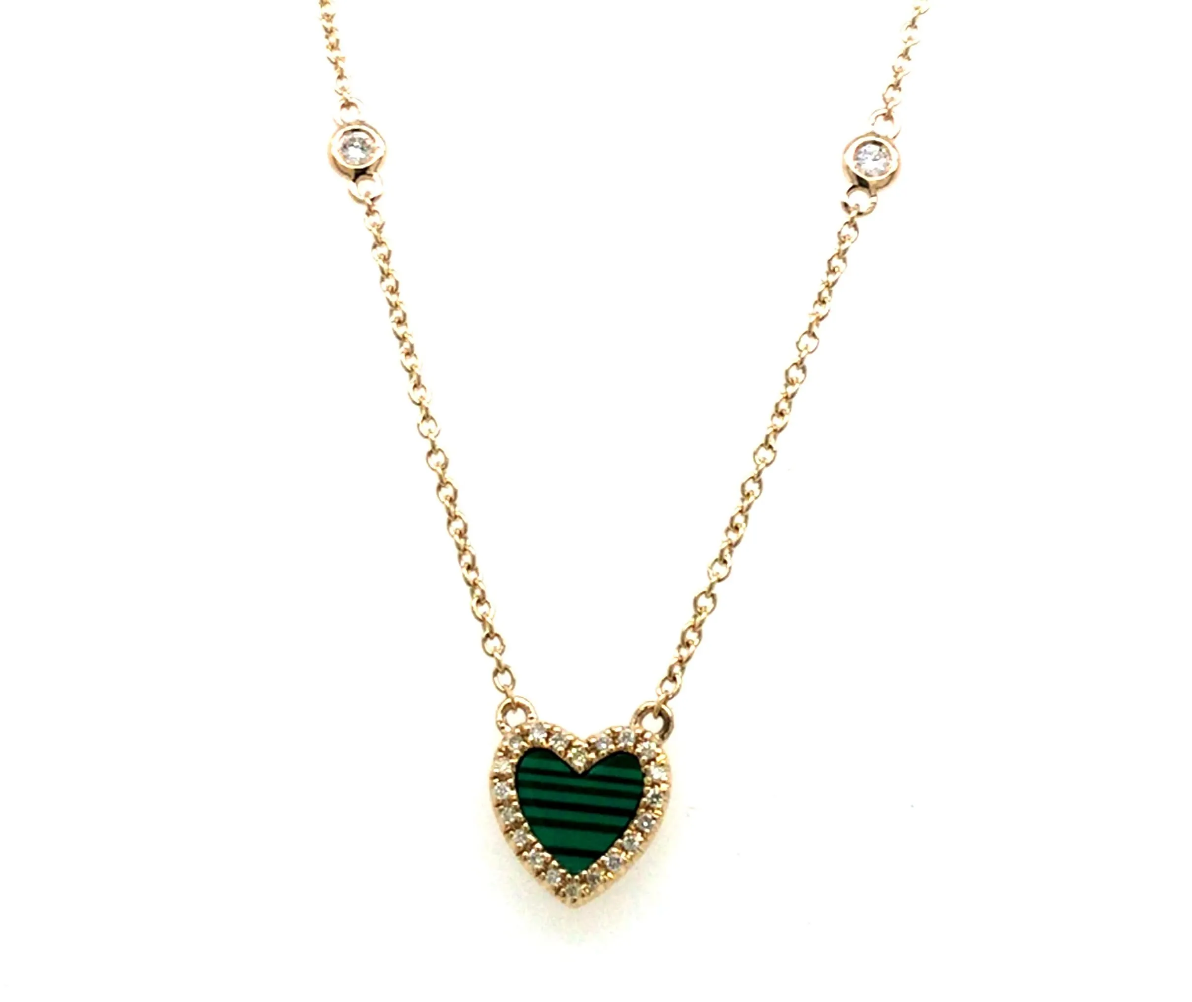 14K Yellow Natural Diamond and Malachite18 inch Necklace