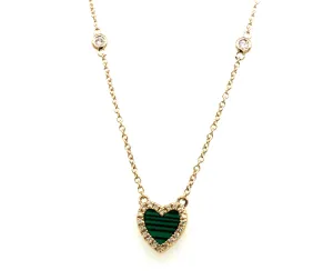 14K Yellow Natural Diamond and Malachite18 inch Necklace