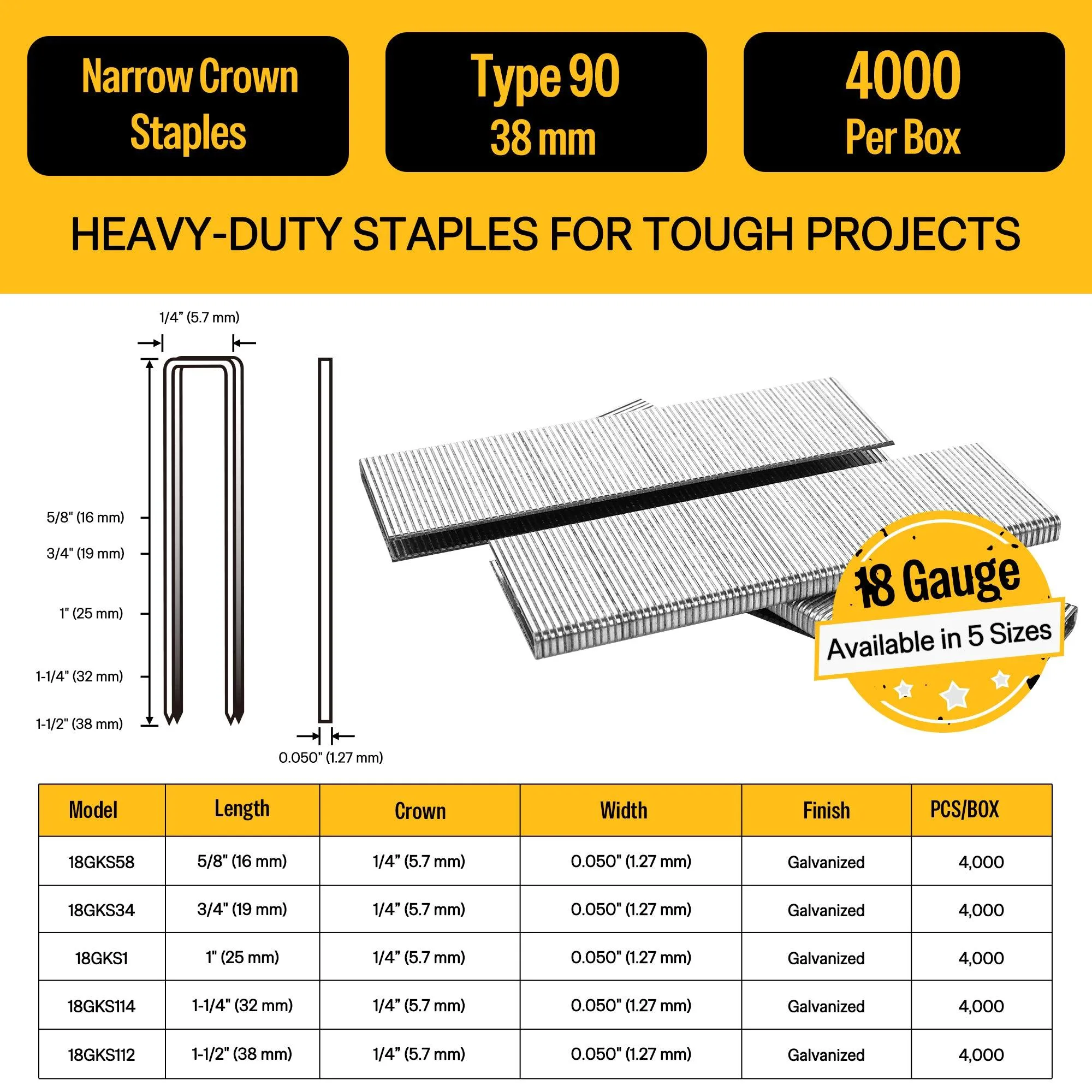 18 Gauge 1/4" Crown 1/2" to 1-1/2" Length Medium Wire Staples