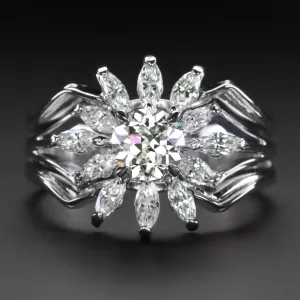 1.82ct VINTAGE DIAMOND COCKTAIL RING OLD EUROPEAN CUT MARQUISE HALO WHITE GOLD