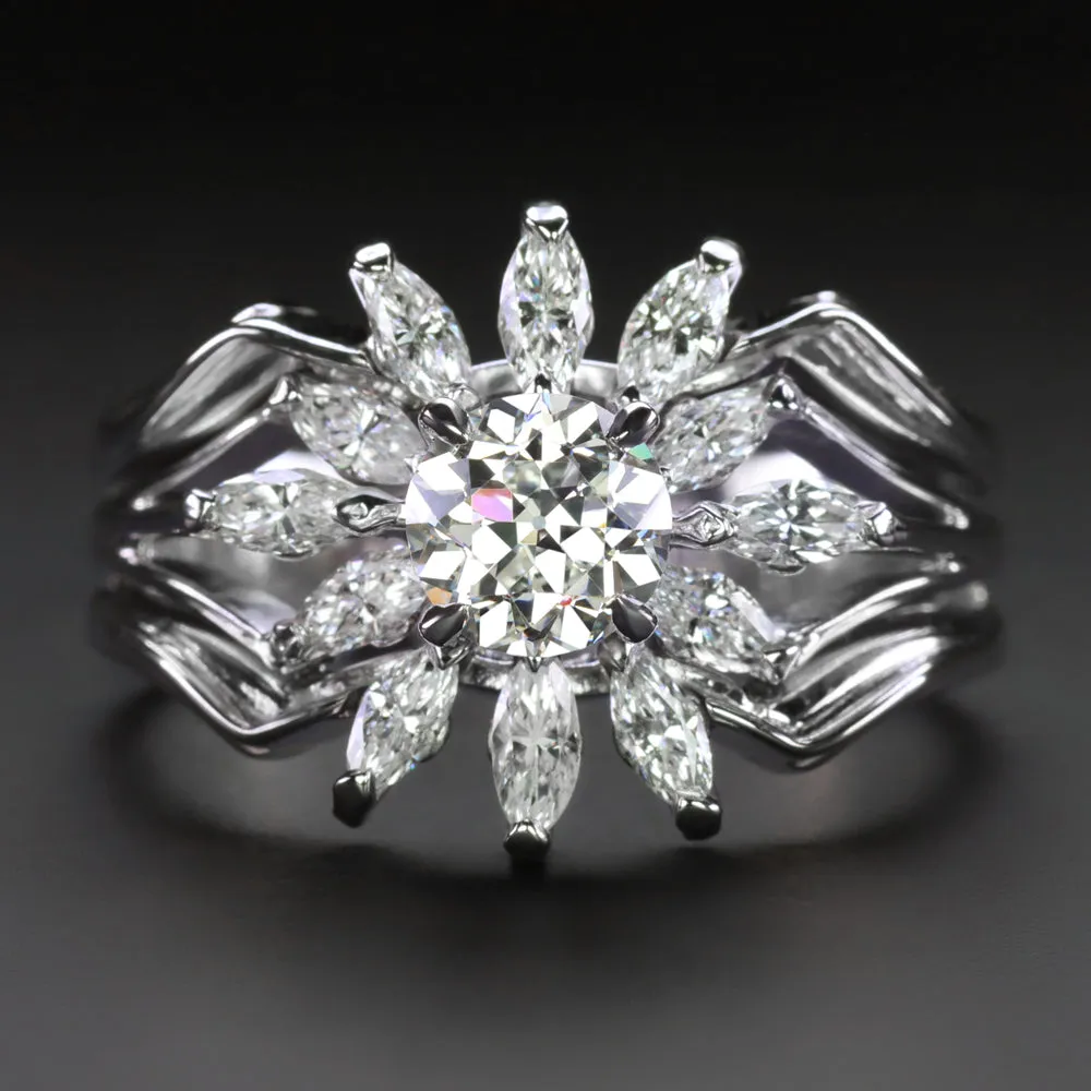 1.82ct VINTAGE DIAMOND COCKTAIL RING OLD EUROPEAN CUT MARQUISE HALO WHITE GOLD