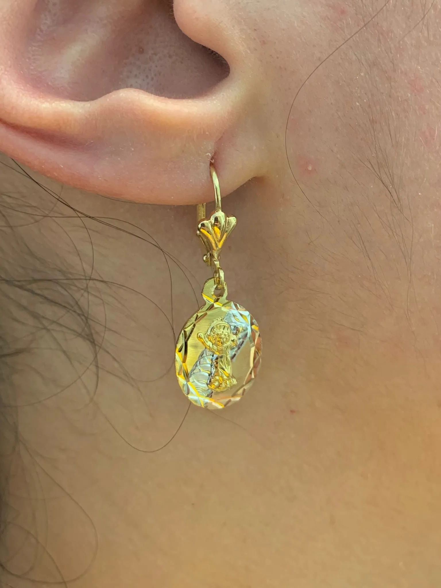 18K Gold Filled Tri Color Divino Niño Earrings Lever Back 20x13mm For Women / Baby Jesus Dangle Earrings/ Aretes del Divino Niño