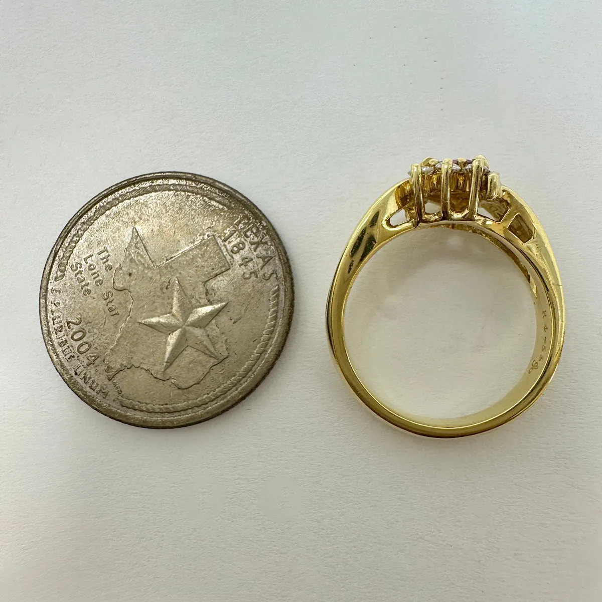 18K Gold Ring with Triangular Ruby and 3 Baguette Diamonds