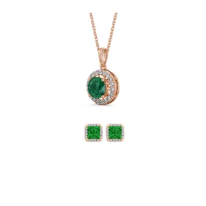 18K Rose Gold 1/2ct Halo Emerald Round 18 Inch Necklace and Halo Square Earrings Set Plated