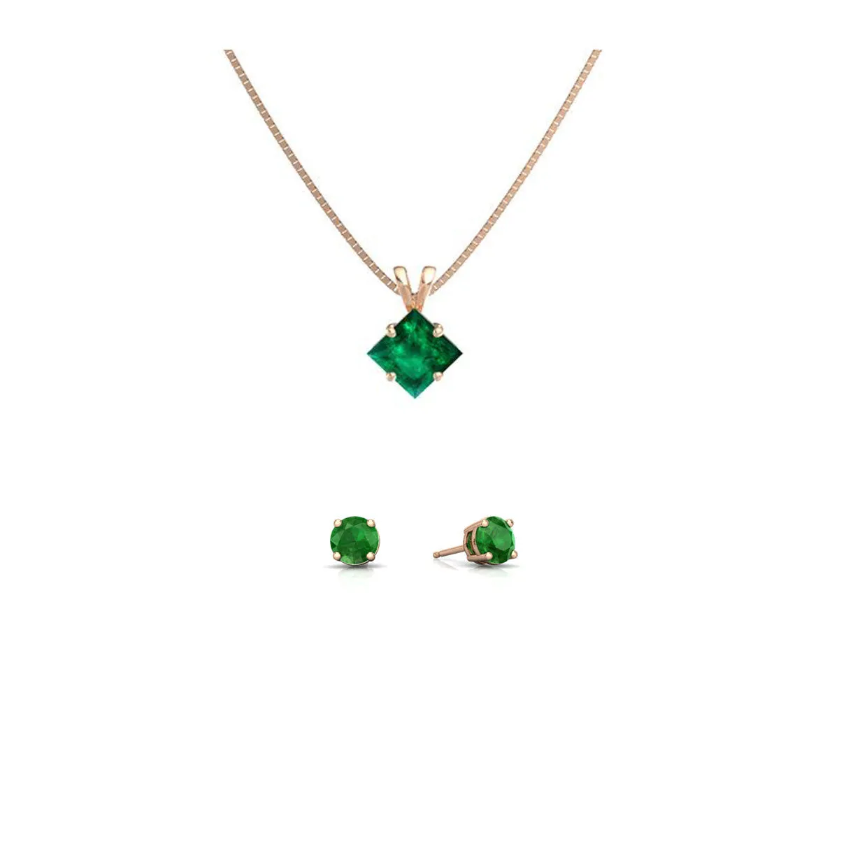 18K Rose Gold 1ct Emerald Princess Cut 18 Inch Necklace and Round Earrings Set Plated