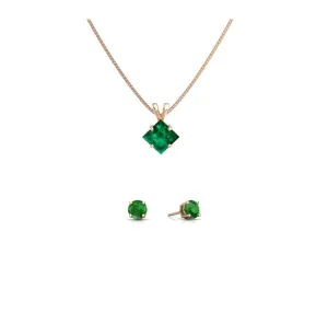 18K Rose Gold 1ct Emerald Princess Cut 18 Inch Necklace and Round Earrings Set Plated
