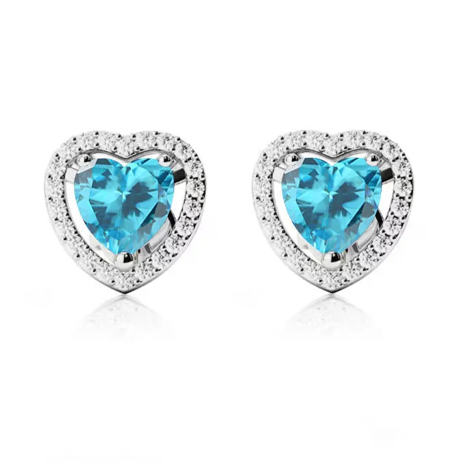 18k White Gold Plated 3 Ct Created Halo Heart Blue Topaz Stud Earrings