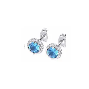 18k White Gold Plated 4 Ct Created Halo Round Blue Topaz Stud Earrings