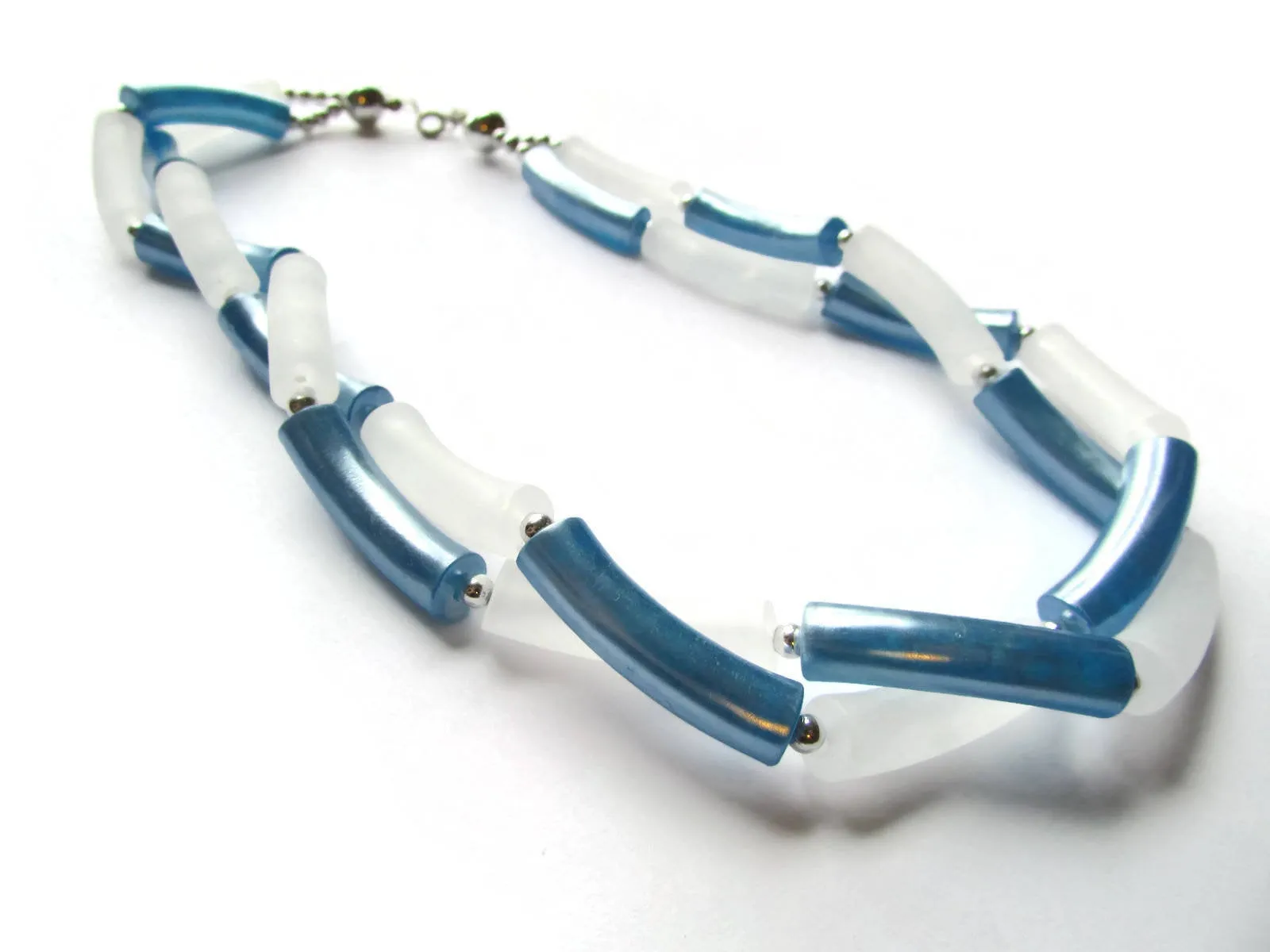 19 1/2 Inch Vintage Twisted Two Strand Blue and White Beaded Necklace - Plastic Tube Beads