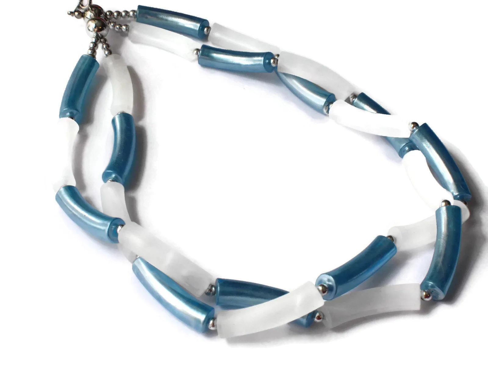 19 1/2 Inch Vintage Twisted Two Strand Blue and White Beaded Necklace - Plastic Tube Beads