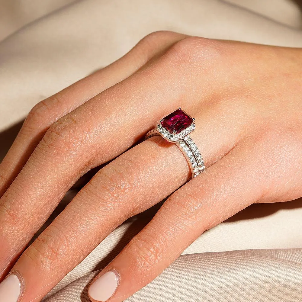 2 CT. Emerald Cut Lab Grown Ruby Ring Set with Matching Wedding Band