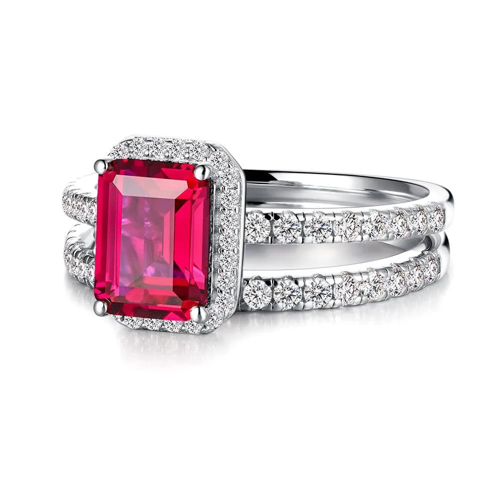 2 CT. Emerald Cut Lab Grown Ruby Ring Set with Matching Wedding Band