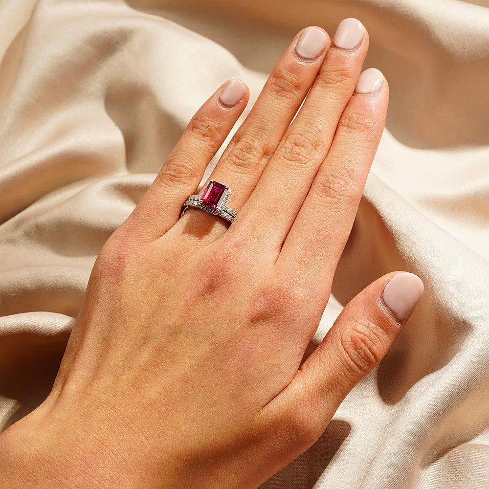 2 CT. Emerald Cut Lab Grown Ruby Ring Set with Matching Wedding Band