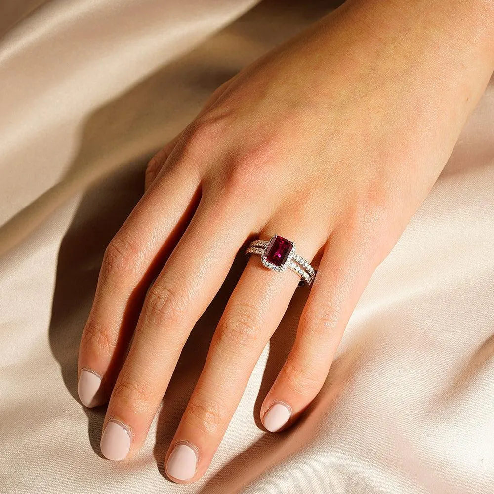 2 CT. Emerald Cut Lab Grown Ruby Ring Set with Matching Wedding Band