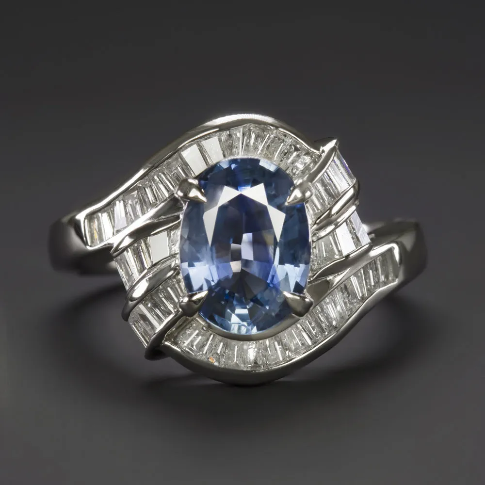 2.15ct SAPPHIRE DIAMOND COCKTAIL RING PLATINUM BYPASS BAGUETTE HALO OVAL SHAPE