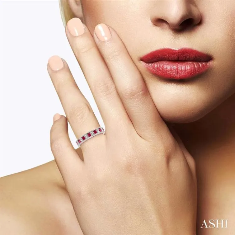 2.5 MM Round Cut Ruby and 1/10 ctw Round Cut Diamond Precious Band in 14K White Gold