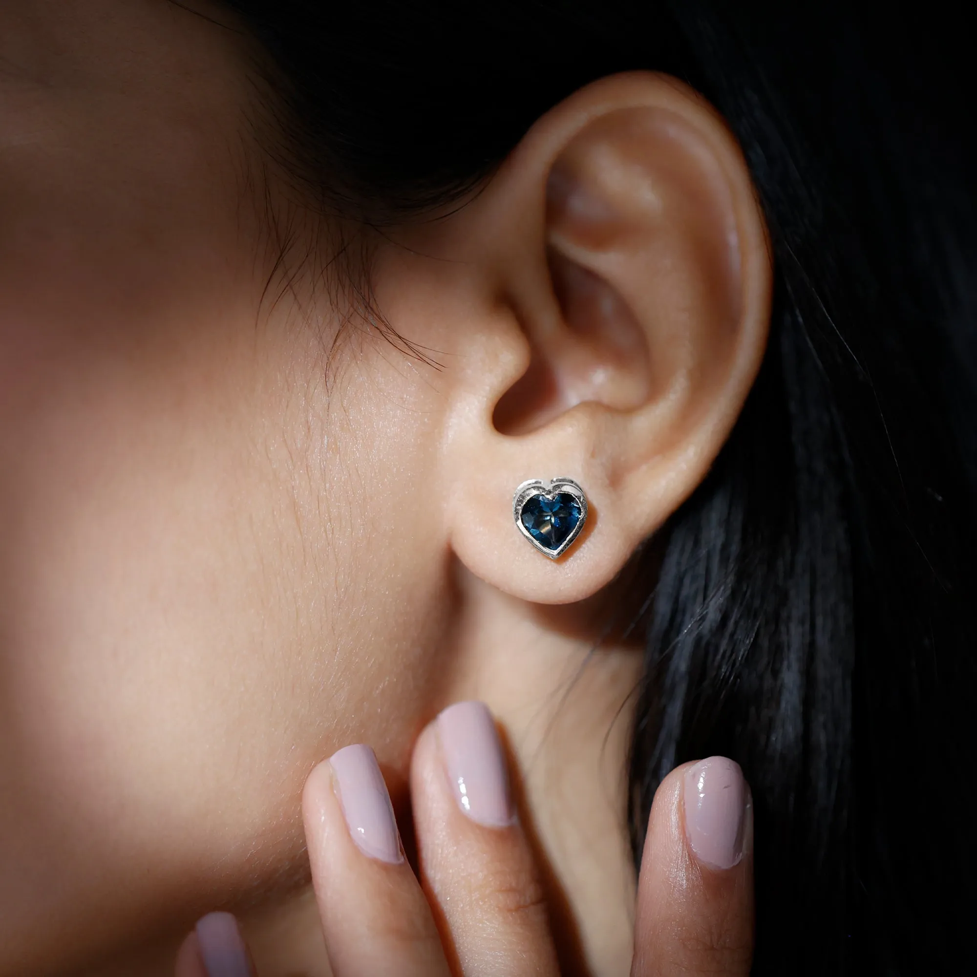 3 CT London Blue Topaz Heart Shape Silver Stud Earrings for Women