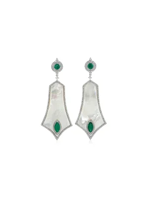 39.90ct Diamond Emerald Mother Of Pearl 18K Gold Dangle Drop Earrings