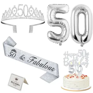 50th Birthday Decorations Women Include Silver 50th Birthday Tiara and Sash, Silver 50th Birthday Candles and Cake Topper, Silver 50th Birthday Balloons for 50th Birthday Gifts Women