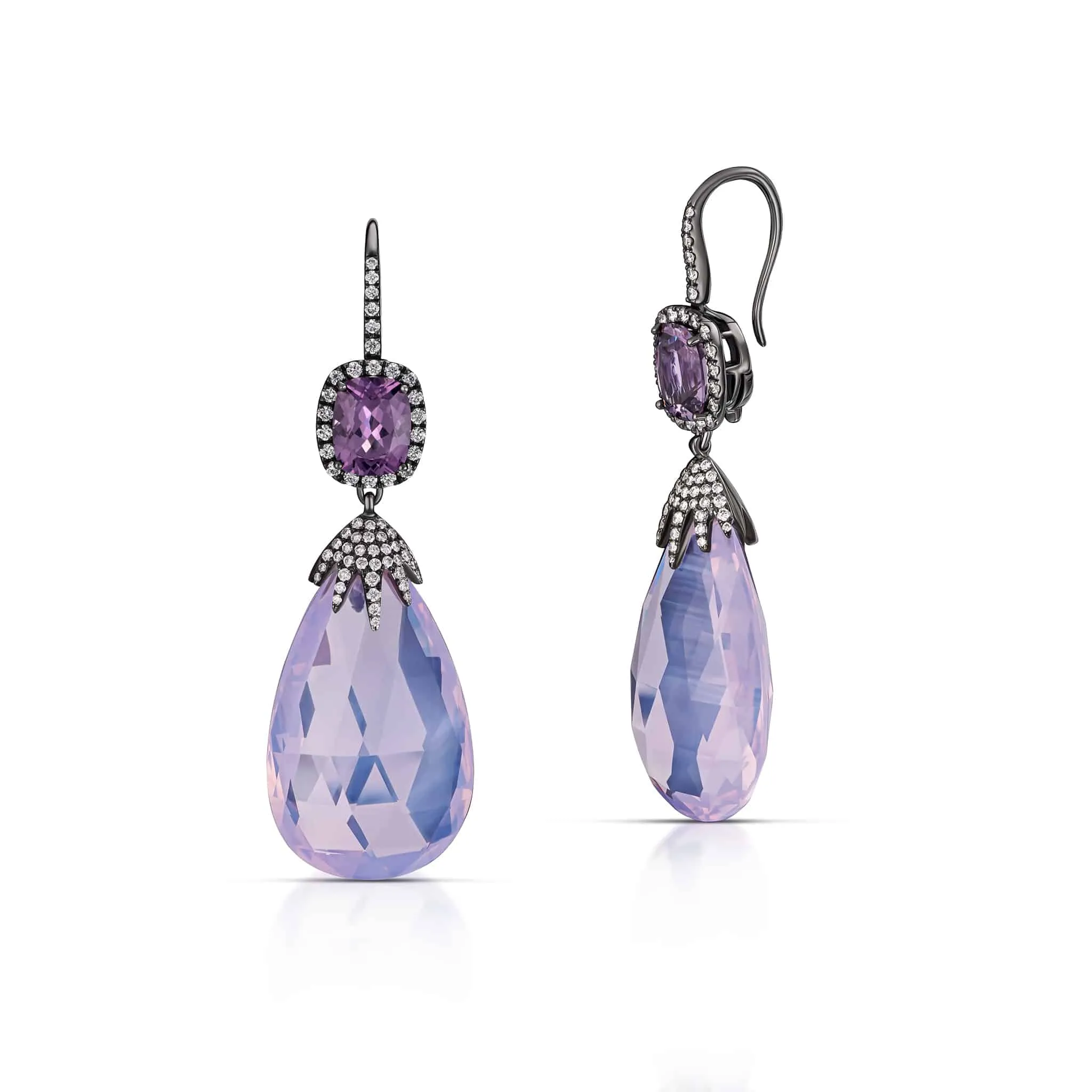 53.09 Carat Lavender Moon Quartz and Spinel Drop Earrings