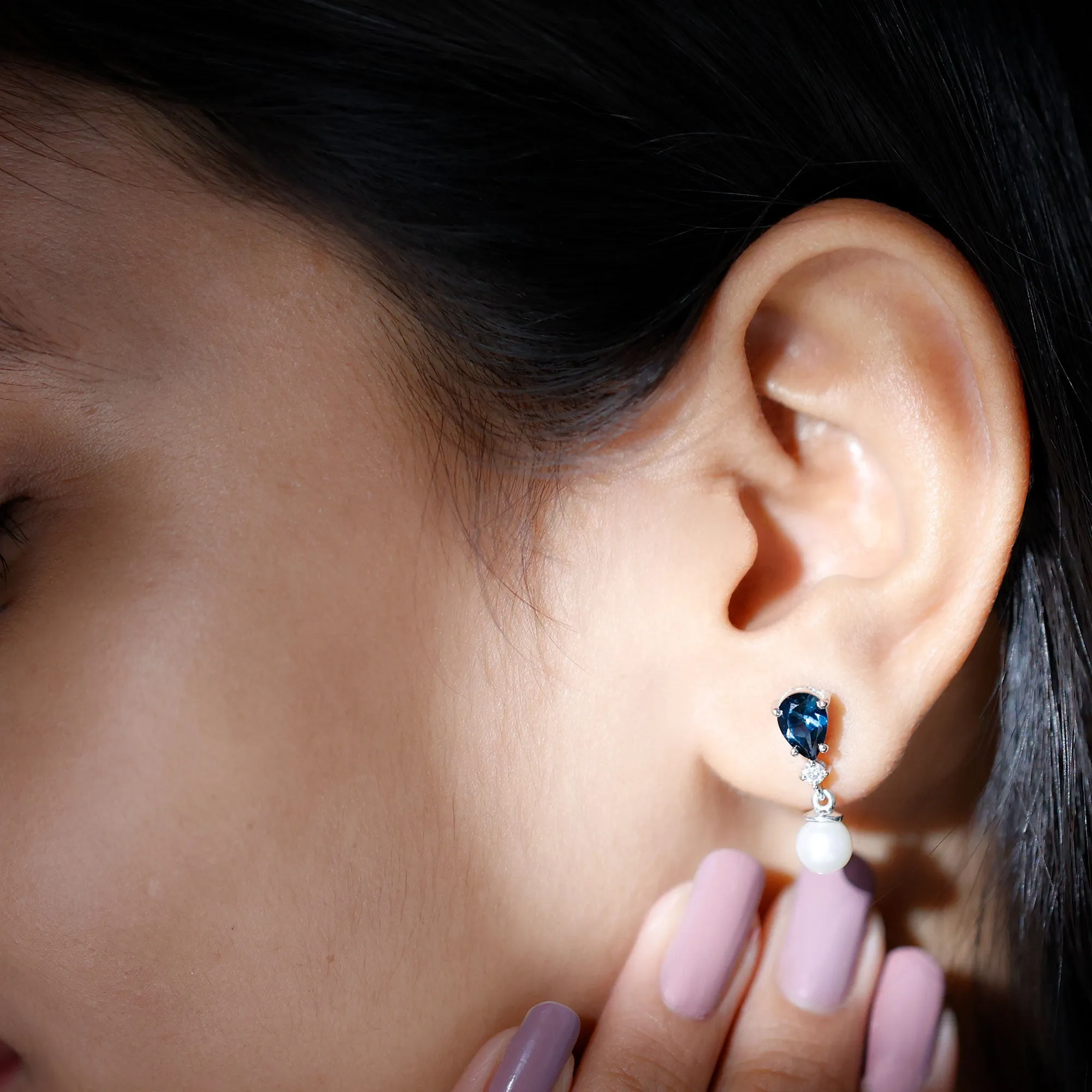 6.25 CT London Blue Topaz and Moissanite Dangle Earrings with Freshwater Pearl Drop