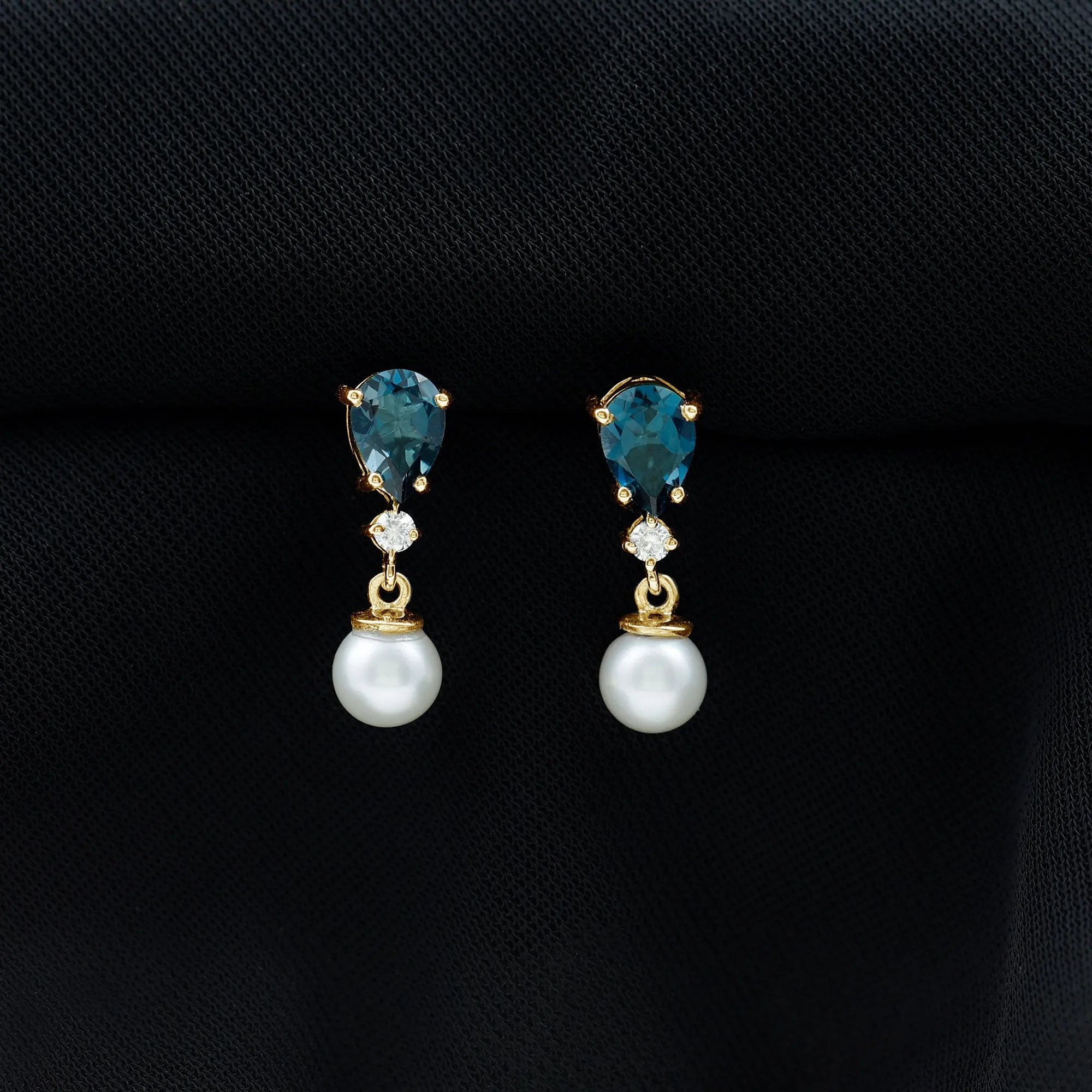 6.25 CT London Blue Topaz and Moissanite Dangle Earrings with Freshwater Pearl Drop