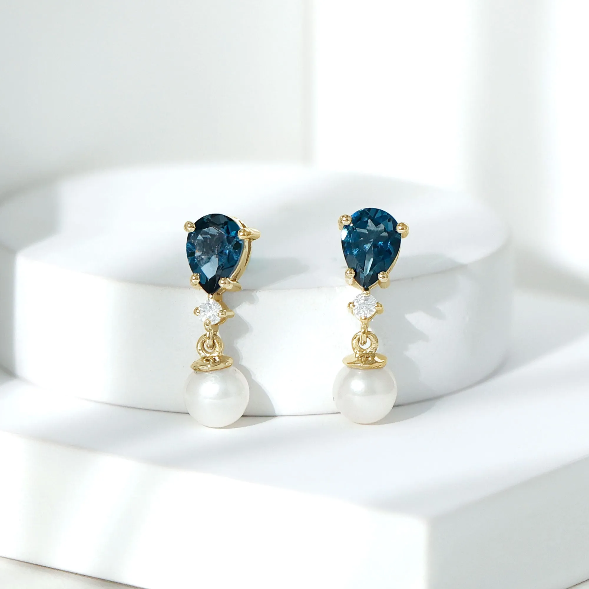 6.25 CT London Blue Topaz and Moissanite Dangle Earrings with Freshwater Pearl Drop