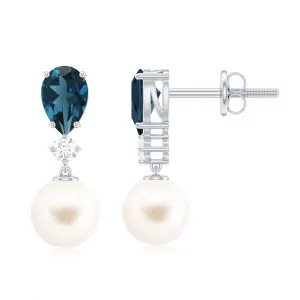 6.25 CT London Blue Topaz and Moissanite Dangle Earrings with Freshwater Pearl Drop