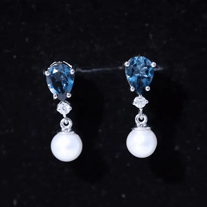 6.25 CT London Blue Topaz and Moissanite Dangle Earrings with Freshwater Pearl Drop
