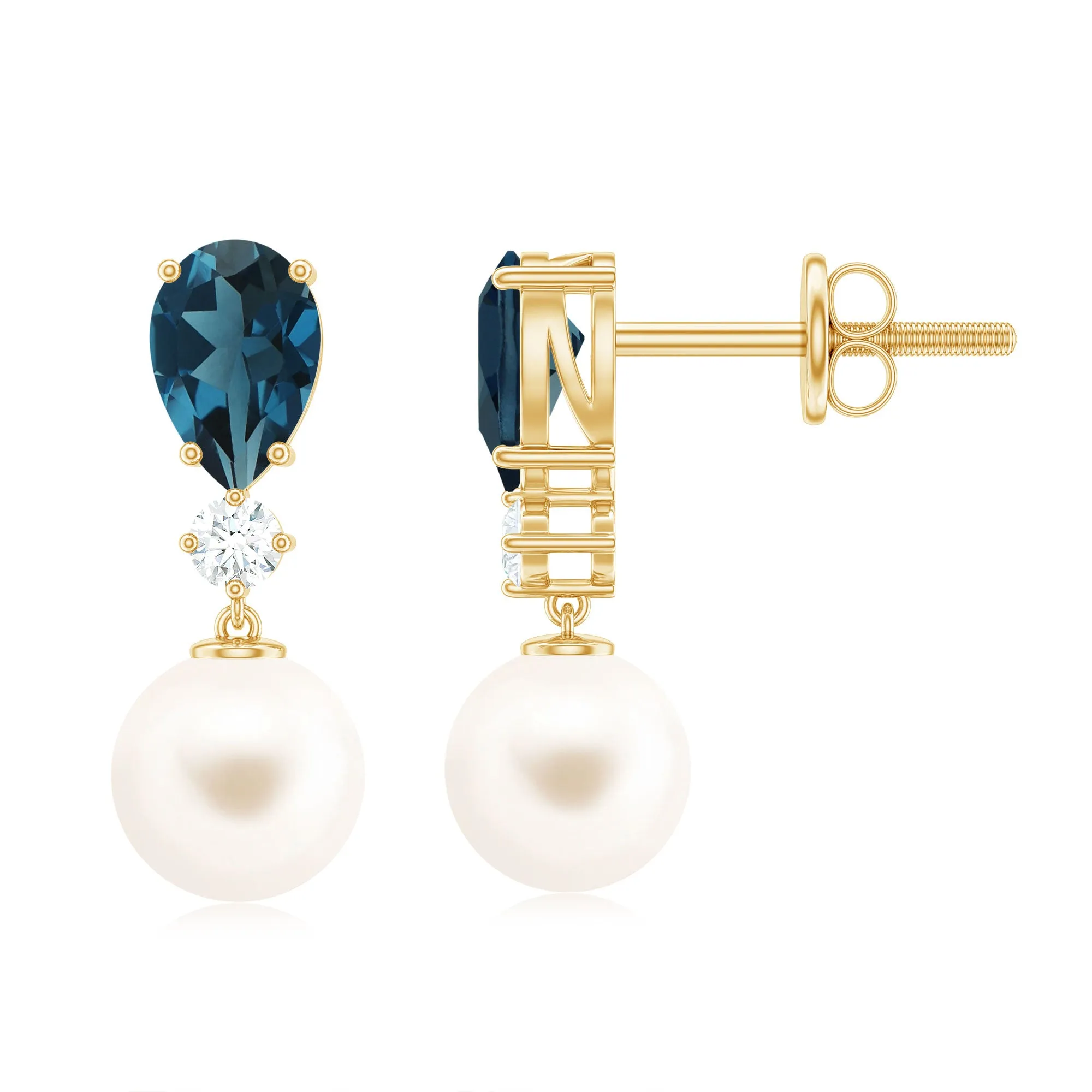 6.25 CT London Blue Topaz and Moissanite Dangle Earrings with Freshwater Pearl Drop