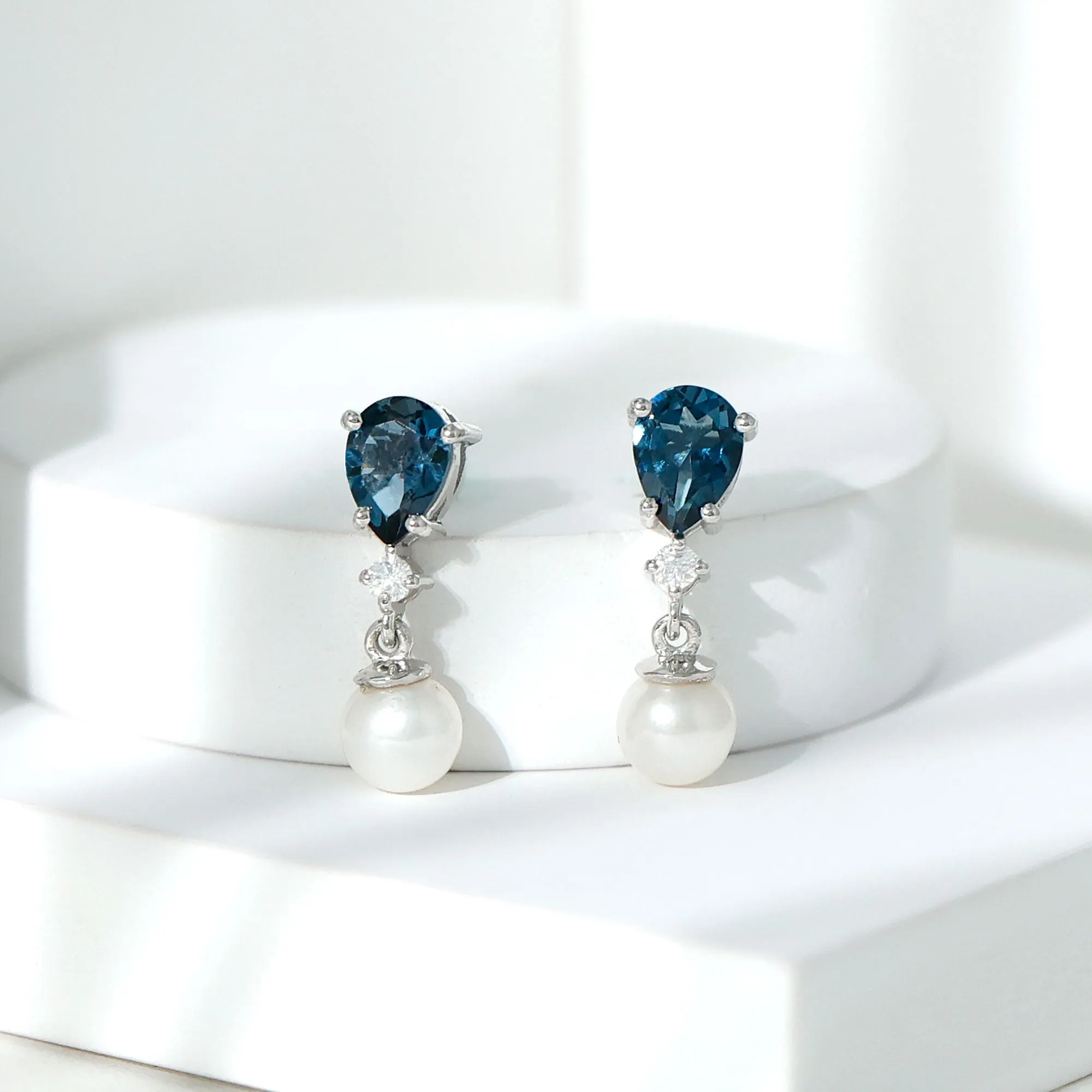 6.25 CT London Blue Topaz and Moissanite Dangle Earrings with Freshwater Pearl Drop