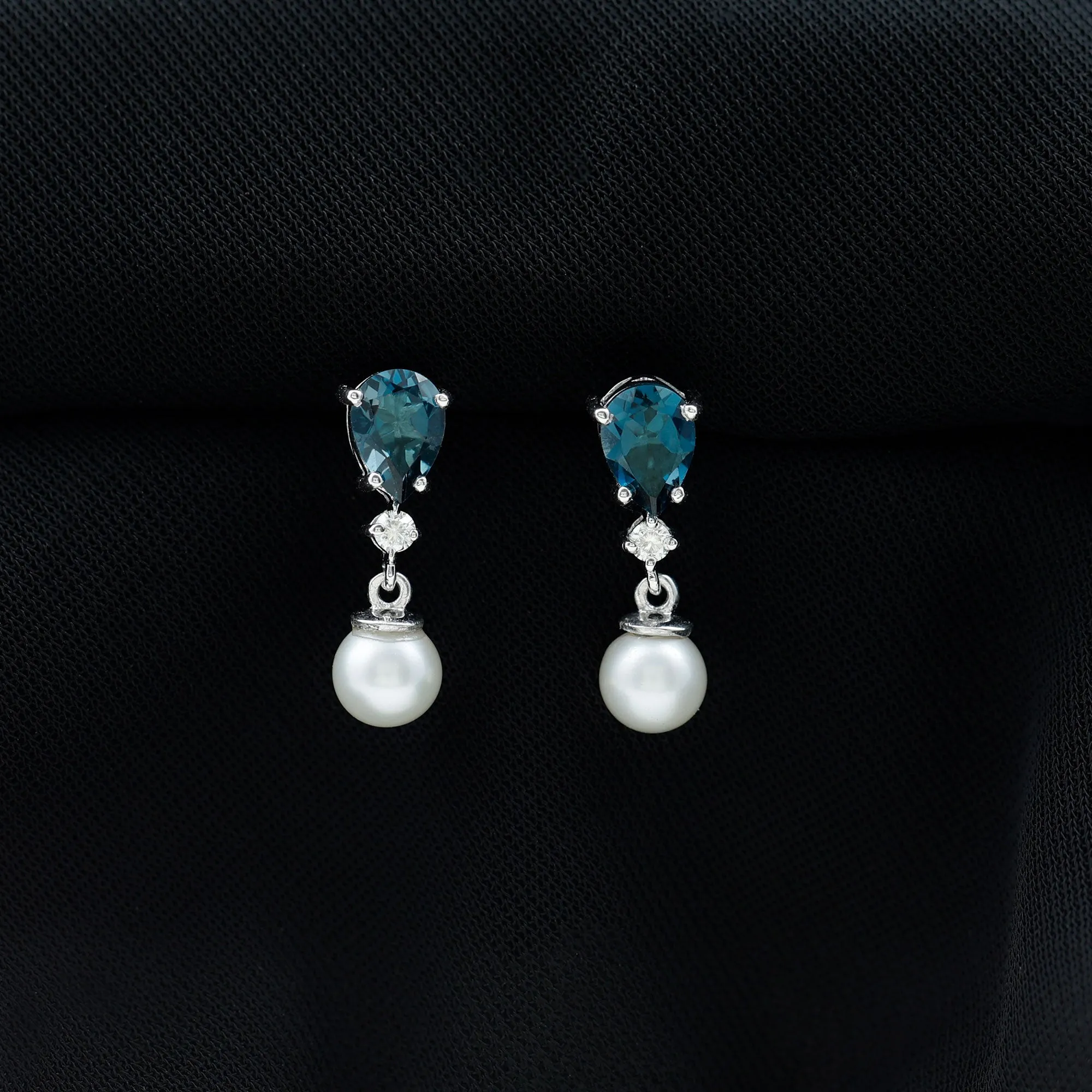 6.25 CT London Blue Topaz and Moissanite Dangle Earrings with Freshwater Pearl Drop