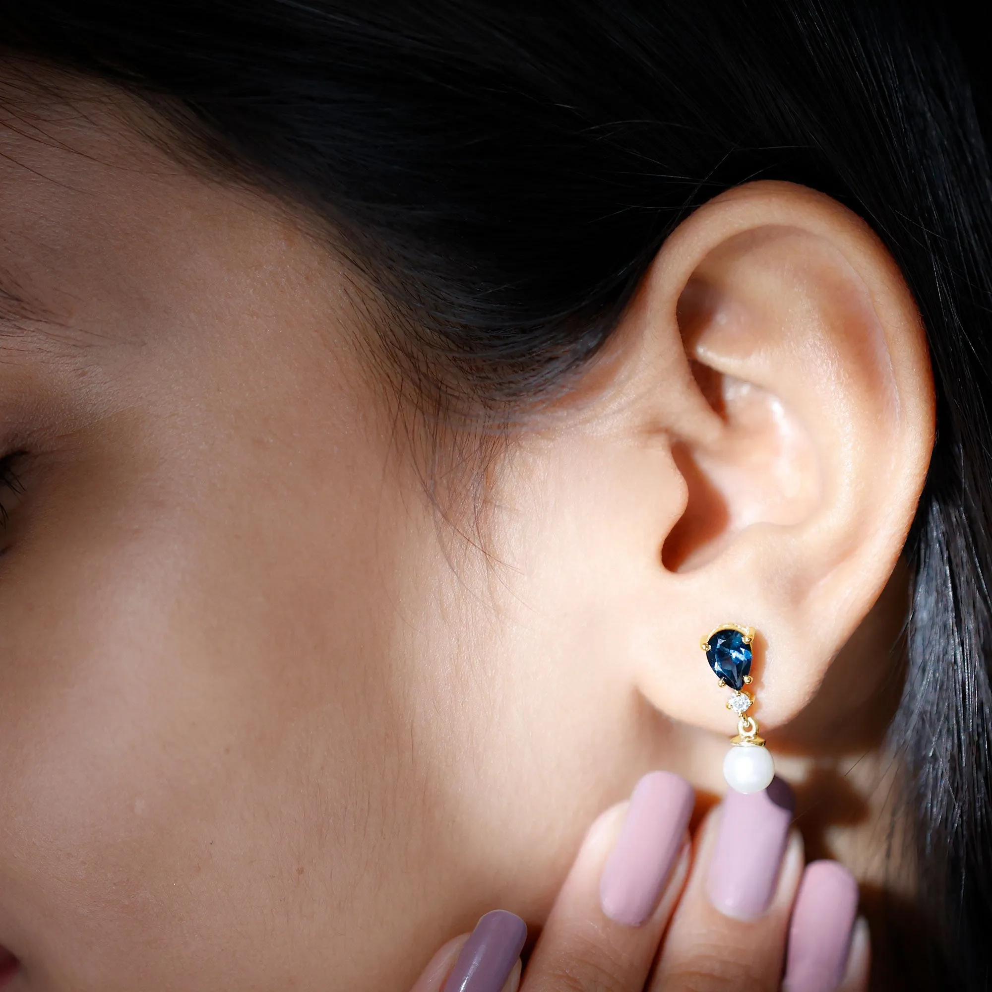6.25 CT London Blue Topaz and Moissanite Dangle Earrings with Freshwater Pearl Drop