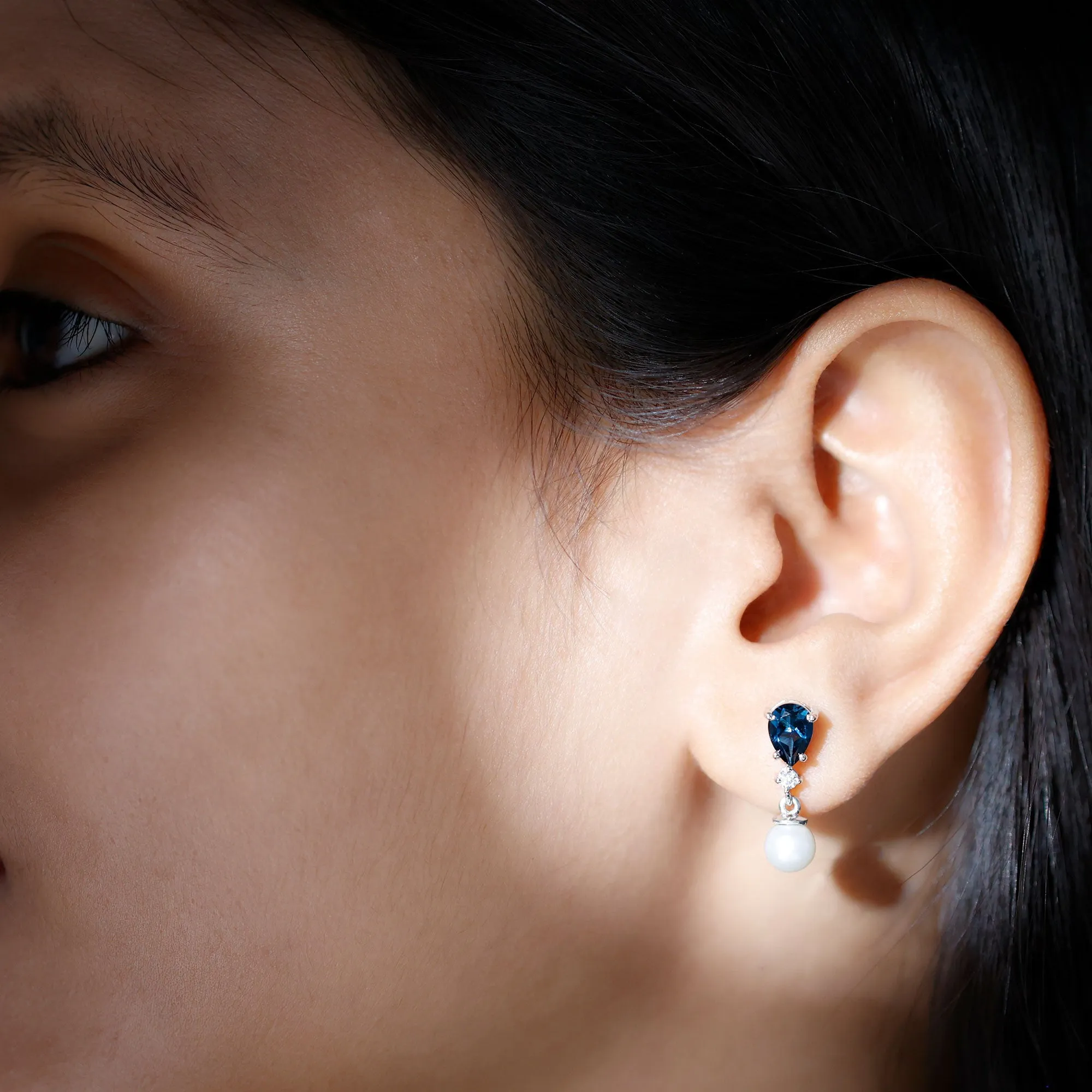 6.25 CT London Blue Topaz and Moissanite Dangle Earrings with Freshwater Pearl Drop