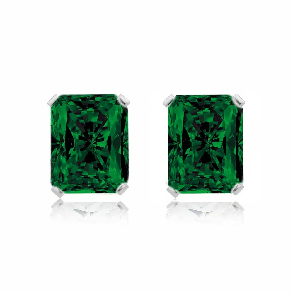 925 Sterling Silver Emerald Cut Emerald Stud Earrings 7x5MM Green Gemstone