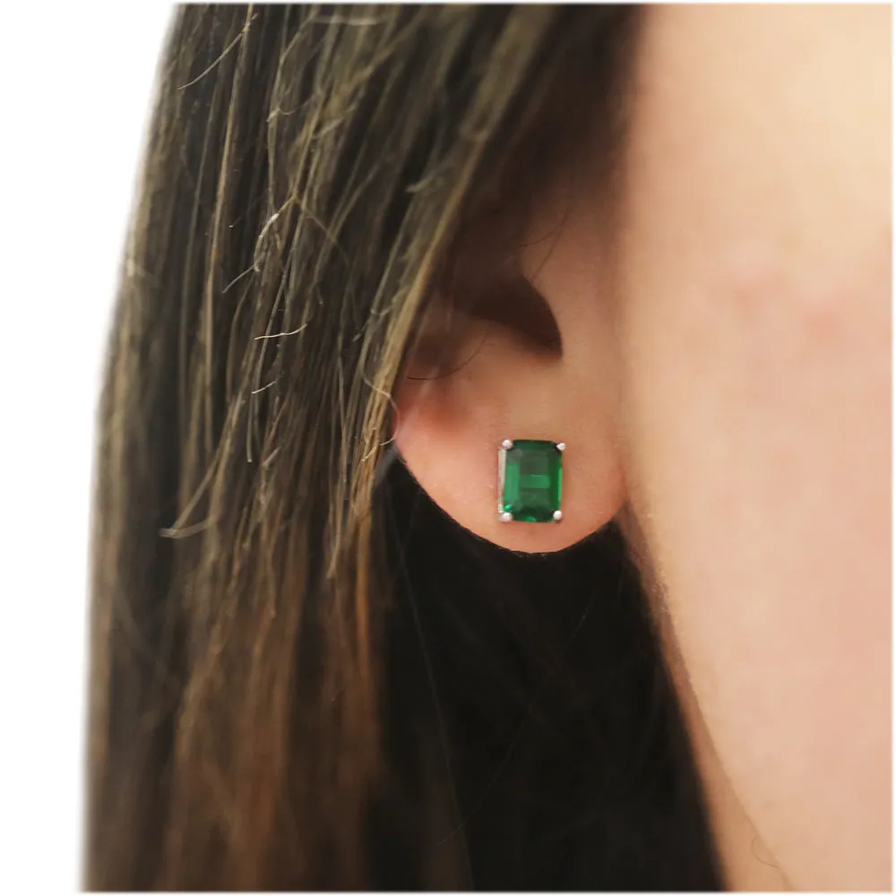 925 Sterling Silver Emerald Cut Emerald Stud Earrings 7x5MM Green Gemstone