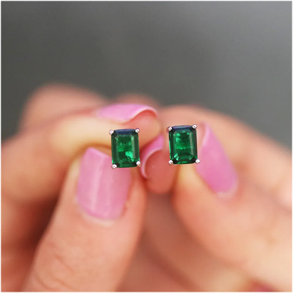 925 Sterling Silver Emerald Cut Emerald Stud Earrings 7x5MM Green Gemstone